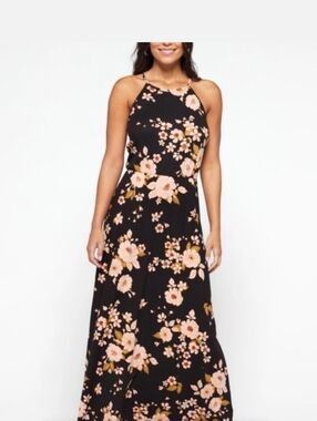 French Grey Black Dress with Pink and Gold Floral Accents